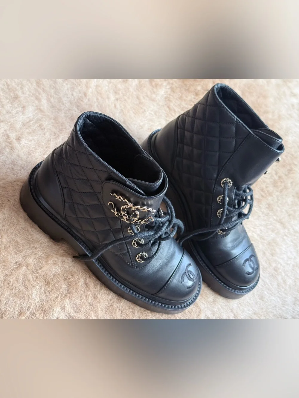 CHANEL Black Quilted Leather Combat Boots with Chain CC Detailing size 5